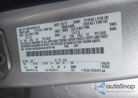 2017 Ford Escape Se z USA, uszkodzony, nr VIN 1FMCU0G92HUC97018